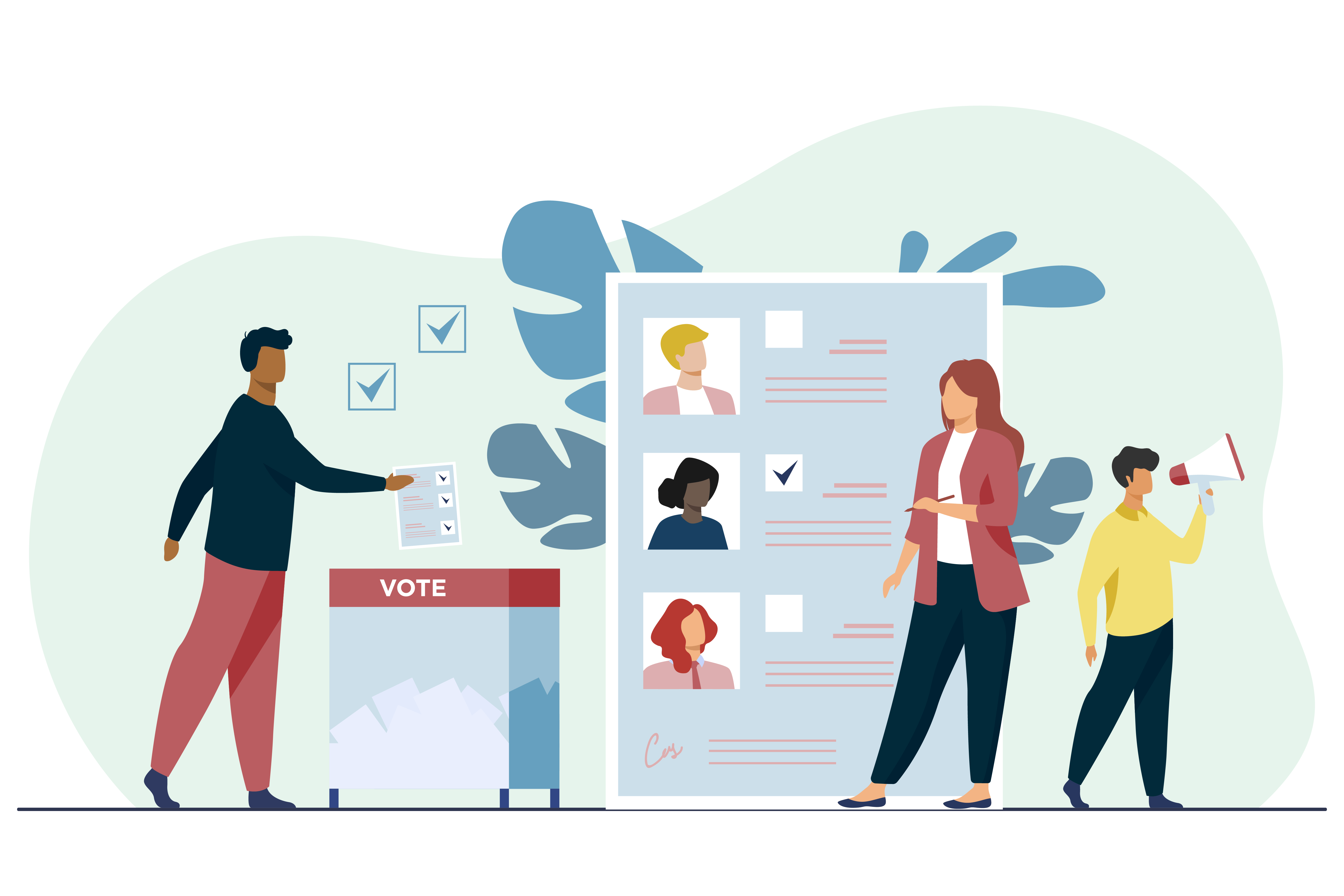 Two people campaigning next to another person casting a vote